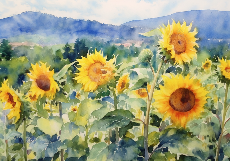 夏日黄色向日葵花田盛开天气晴朗水彩插画,插画/手绘图,插画/手绘图库,插画/手绘图下载,插画/手绘
